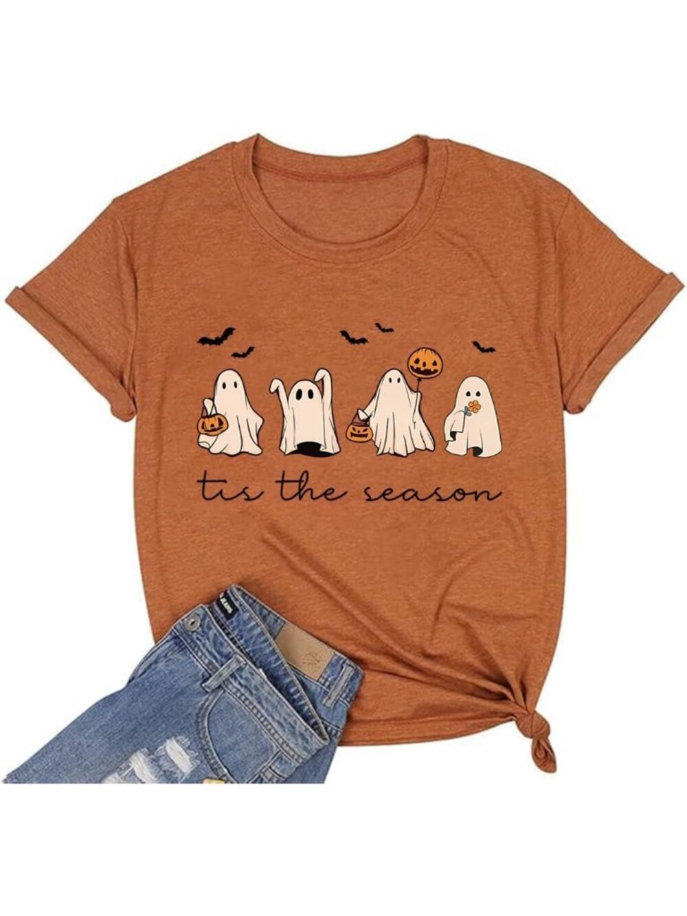 🆕 Women's Orange 'Tis The Season' Cute Ghost Halloween Graphic Tee Shirt